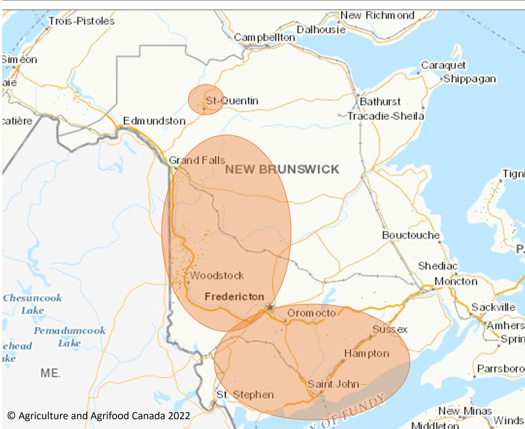 Locations of plant protein production in New Brunswick.